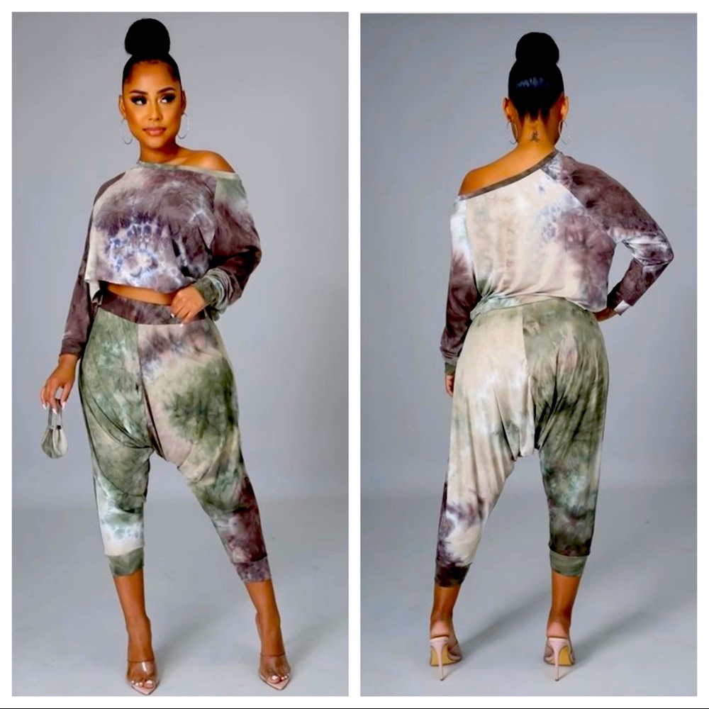 Like New! Tye Dye Long Sleeve Crop Top Harem Pants Set
